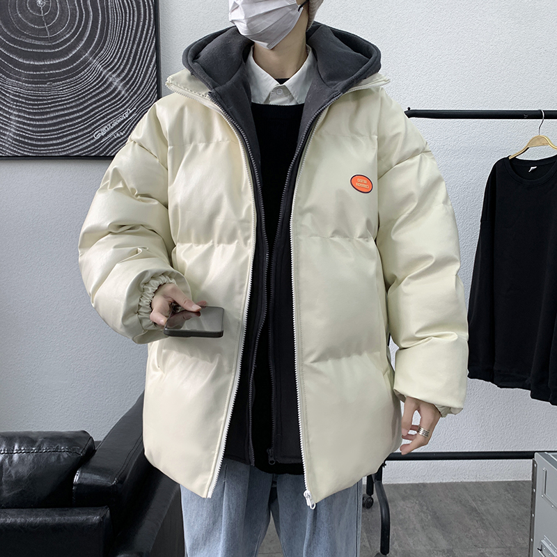 假两件连帽衣外套男港风休闲羽绒大码PU皮衣M5116P100，男装棉衣，星座1109-2