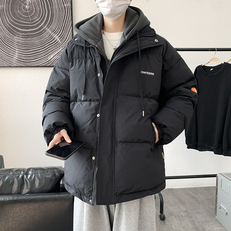 韩版宽松假两件连帽衣外套男港风休闲羽绒大码服M188-P100,男装棉衣,星座1109-2