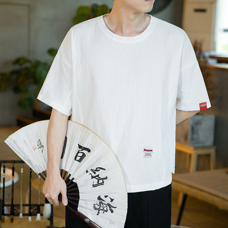 2023夏季新款风咖啡厅潮流休闲纯色大码亚麻短袖T恤T1505-P25图片