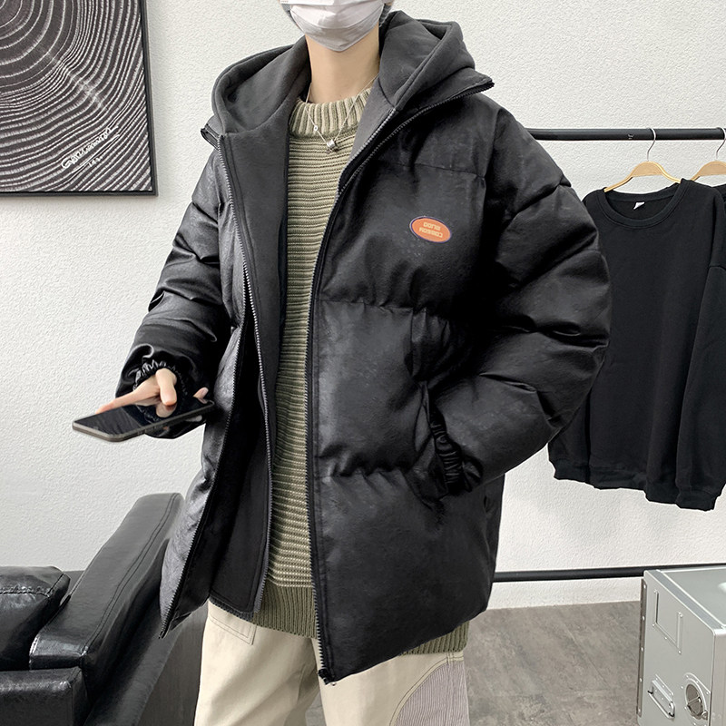 假两件连帽衣外套男港风休闲羽绒大码PU皮衣M5116P100,男装棉衣,星座1109-2