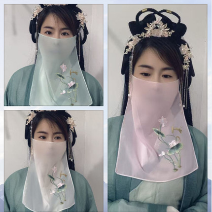 原创古风汉服荷花刺绣面纱荷叶形状女主播国风采耳足疗店面罩配饰