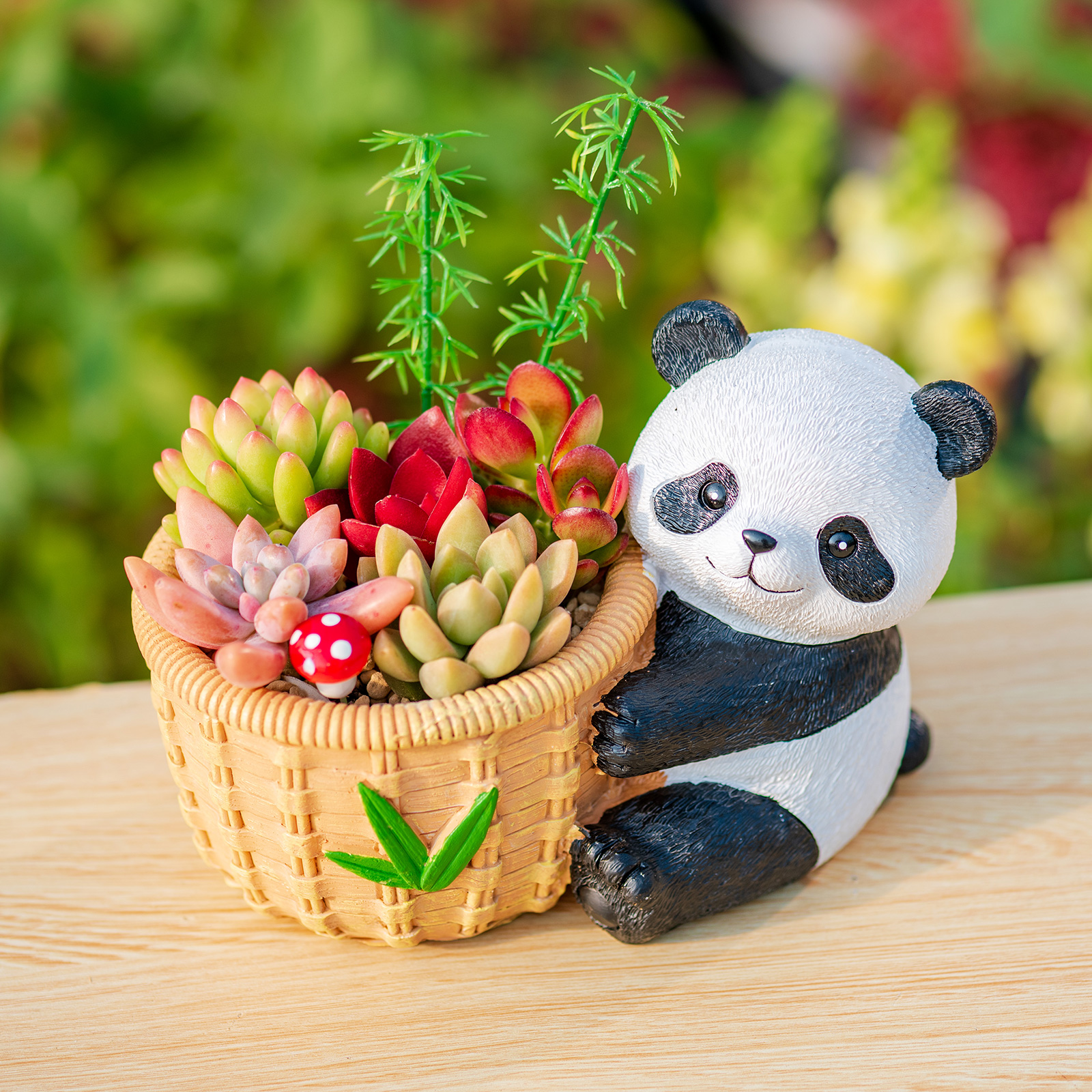 创意小熊猫多肉小花盆卡通国宝熊猫装饰品桌面花艺摆件手推车花盆