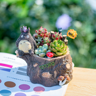 趣玩园艺趣味卡通龙猫树桩花盆树脂创意多肉组合植物盆栽桌面装 饰