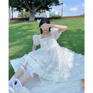 阮阮自制 夏季新款荷叶边波点格子连衣裙小众设计甜美减龄裙子