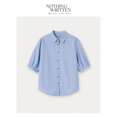 【现货】Nothing Written Narchi浅蓝条纹短袖衬衫宽松泡泡袖衬衣