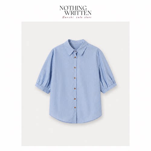 【现货】Nothing Written Narchi浅蓝条纹短袖衬衫宽松泡泡袖衬衣