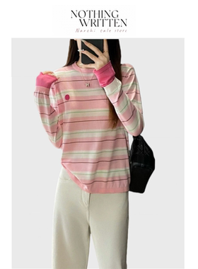 【现货】Nothing Written Narchi甜美粉条纹撞色拼接袖针织衫长袖