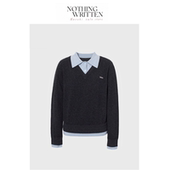 现货 Nothing Written Narchi假两件针织V领拼衬衫 领套头毛衣