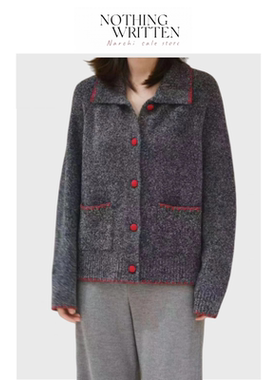 【现货】Nothing Written Narchi灰色翻领针织开衫女撞色玫红毛衣