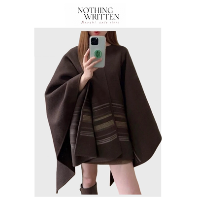 【现货】Nothing Written Narchi绵羊毛复古V领条纹斗篷披肩大衣