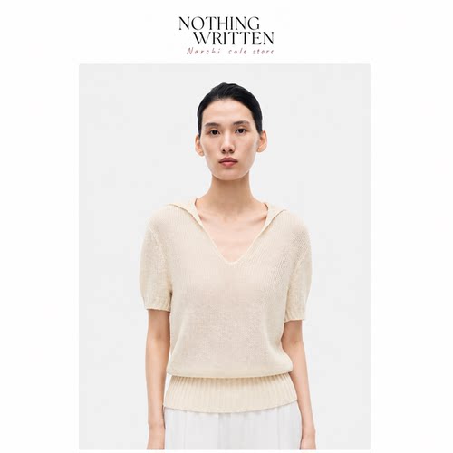 【现货】Nothing Written Narchi V领连帽针织短袖女气质镂空上衣