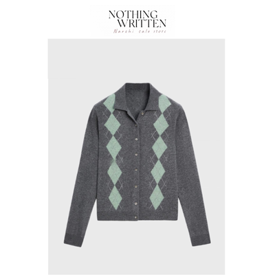 【现货】Nothing Written Narchi学院风菱格纹Polo领针织开衫毛衣