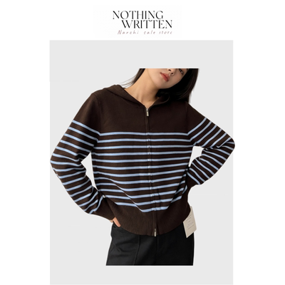 【现货】Nothing Written Narchi棕蓝条纹连帽针织开衫拉链款毛衣
