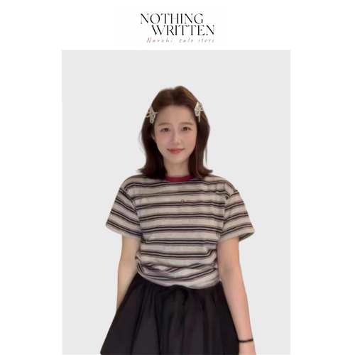 【现货】Nothing Written Narchi复古韩系条纹短袖女宽松上衣T恤