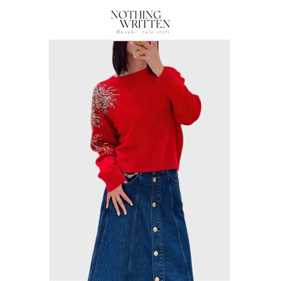 【现货】Nothing Written Narchi璀璨烟火红色毛衣圆领长袖针织衫