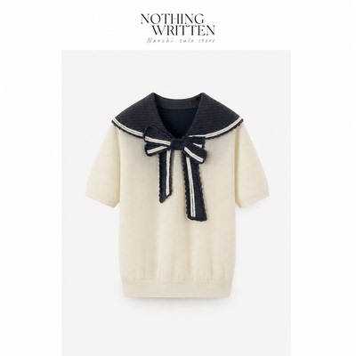 【现货】Nothing Written Narchi学院风海军领针织撞色蝴蝶结上衣