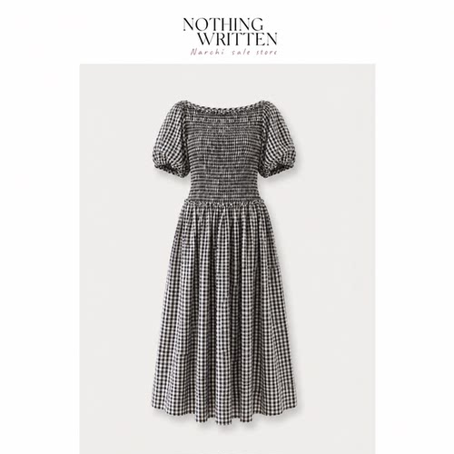 【现货】Nothing Written Narchi法式黑白格纹连衣裙女方领泡泡袖
