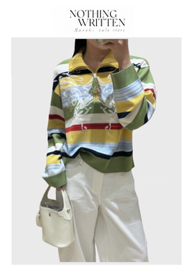 【现货】Nothing Written Narchi撞色提花条纹针织衫POLO领毛衣女