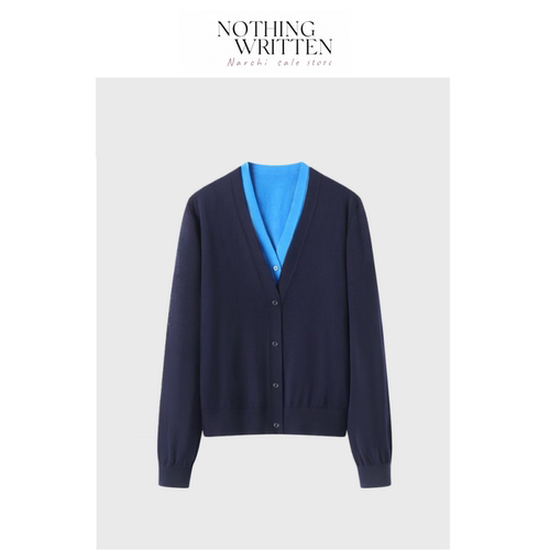 【现货】Nothing Written Narchi气质拼色假两件V领针织开衫上衣