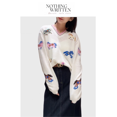 【现货】Nothing Written Narchi马年年服米白V领小马毛衣针织衫