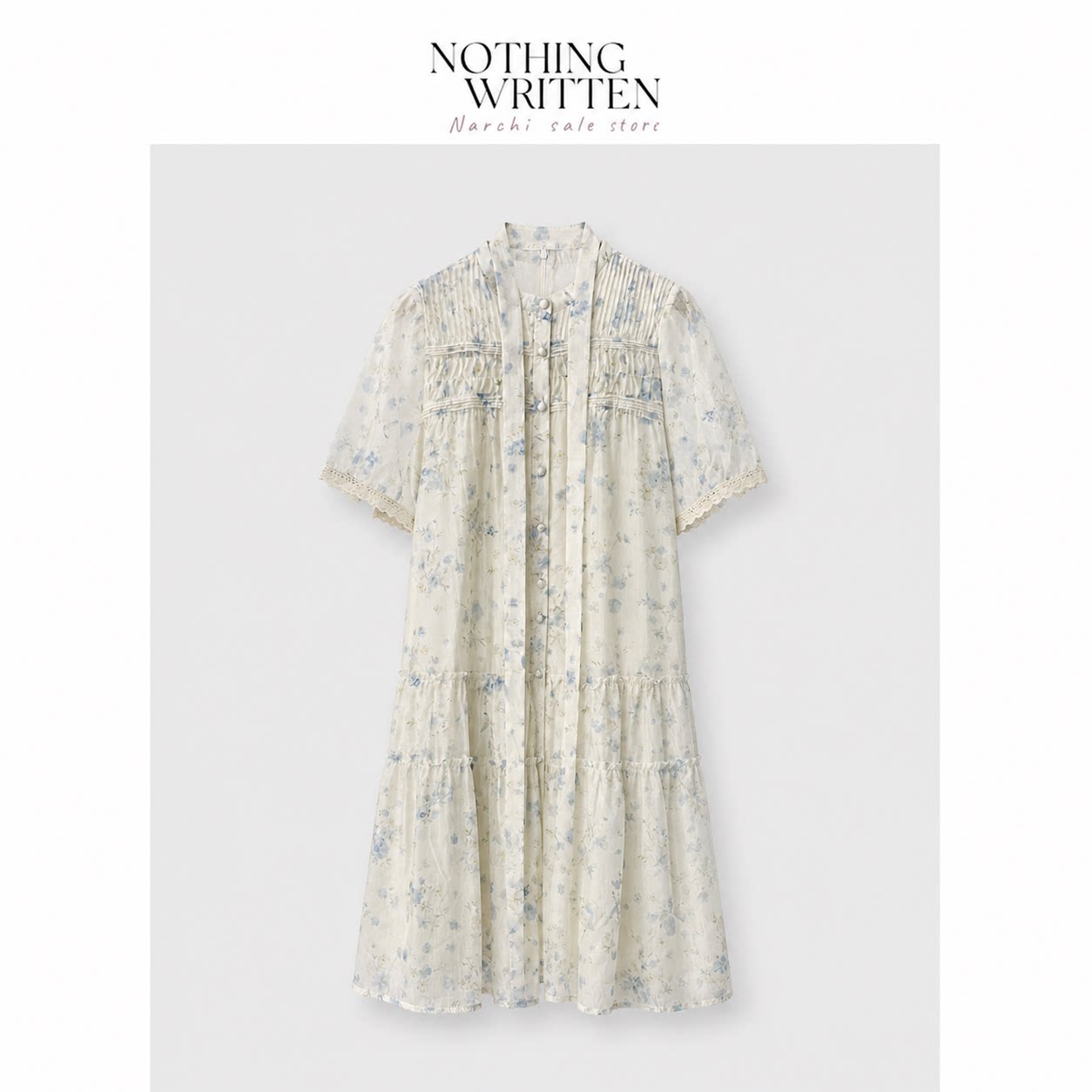 【现货】Nothing Written Narchi立领打褶欧根纱碎花连衣裙女系带