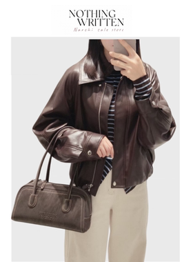 【现货】Nothing Written Narchi棕色皮衣外套翻领收腰机车皮夹克