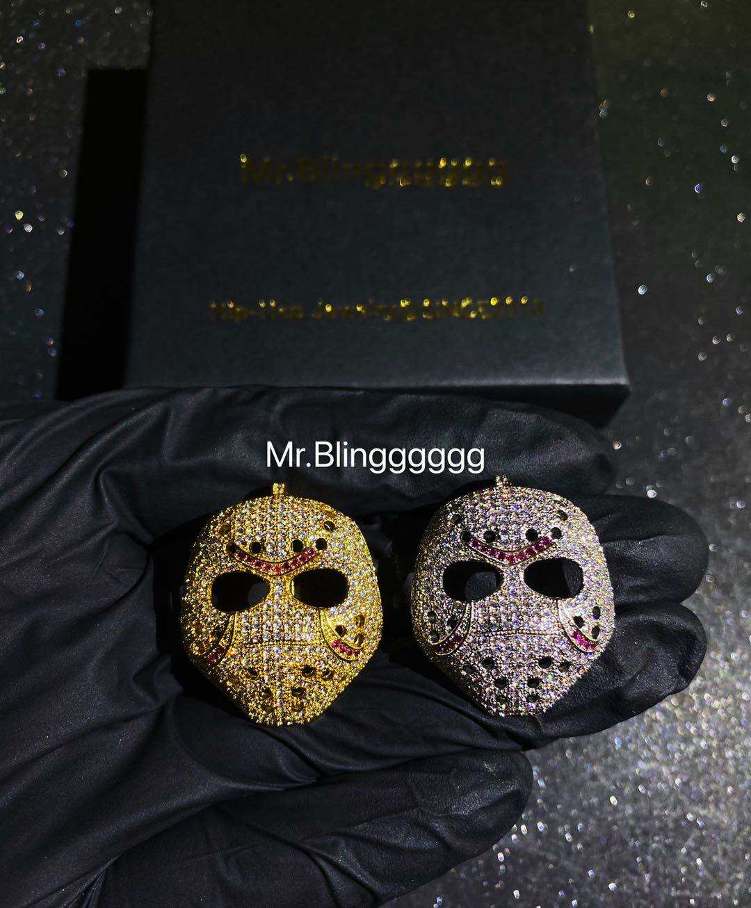 Mr.Blingggggg欧美嘻哈珠宝 同款杀人狂杰森满钻面具吊坠 穿古巴