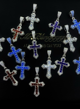 Mr.Blingggggg欧美嘻哈珠宝 满钻混合镶嵌血红海蓝色方十字架吊坠