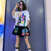 新款 休闲两件套装 创意印字母破洞个性 短裤 上衣时尚 欧洲站2024夏季