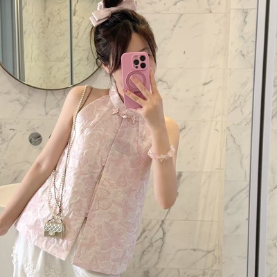 Fleur国风系列 瓷粉蝴蝶压纹新中式旗袍改良小马甲