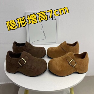 软底乐福鞋 一脚蹬懒人鞋 女 女2025秋新款 内增高7cm全包厚底勃肯鞋