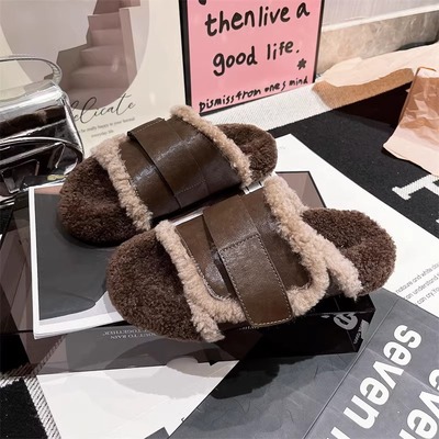 秋冬毛毛鞋小众设计皮带扣棉拖鞋