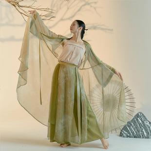 粉墨千秋 原创竹青色印花古典舞开衫纱裤改良汉服