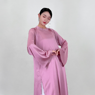 粉墨千秋玫瑰褐浅蓝色圆领宽袖袍