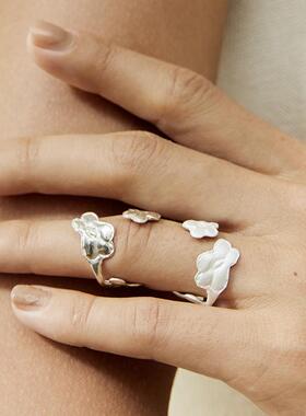 moi iom小众原创设计手工定制烧白925银花朵不规则肌理开口戒指
