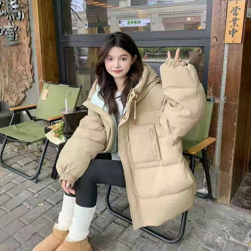 连帽中长款羽绒服女冬宽松加厚保暖面包服外套大码女装