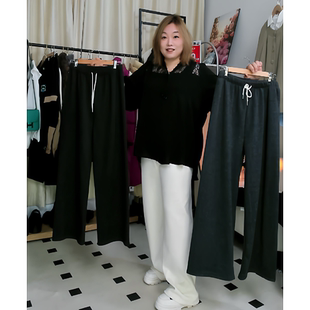 韩系百搭显瘦直筒羊毛加绒加厚松紧腰长裤 女秋冬季 阔腿休闲裤 新款