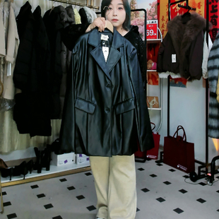 黑色短款皮衣女西装领宽松百搭设计感气质外套