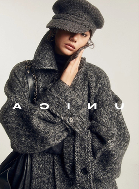 BTRS M丨进口羊驼毛大衣女款2025新款廓形人字纹加厚长款羊毛外套