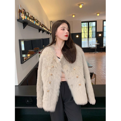 进口托斯卡纳羊毛皮毛一体外套毛茸茸保暖双排扣皮草女款2025新款