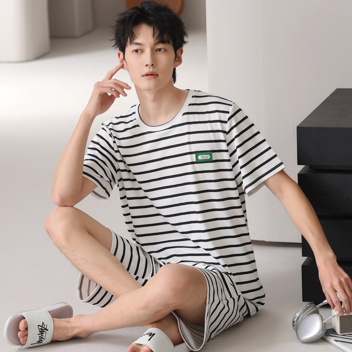 夏季男士冰丝螺纹短袖短裤家居服