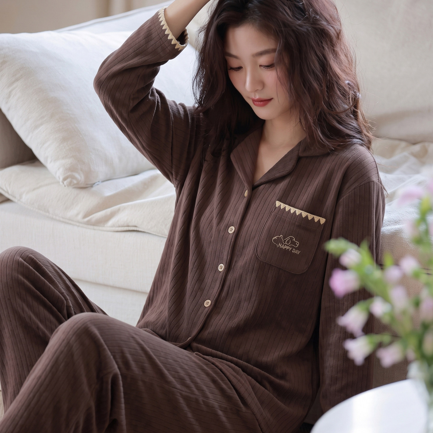 大码韩版女款开衫式加厚保暖德绒睡衣春秋冬季长袖套装卡通家居服