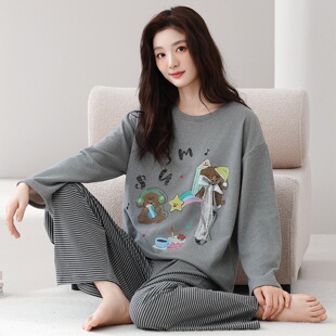 秋冬季保暖长袖睡衣套装羊毛蚕丝德绒女款条纹加绒加厚家居服卡通