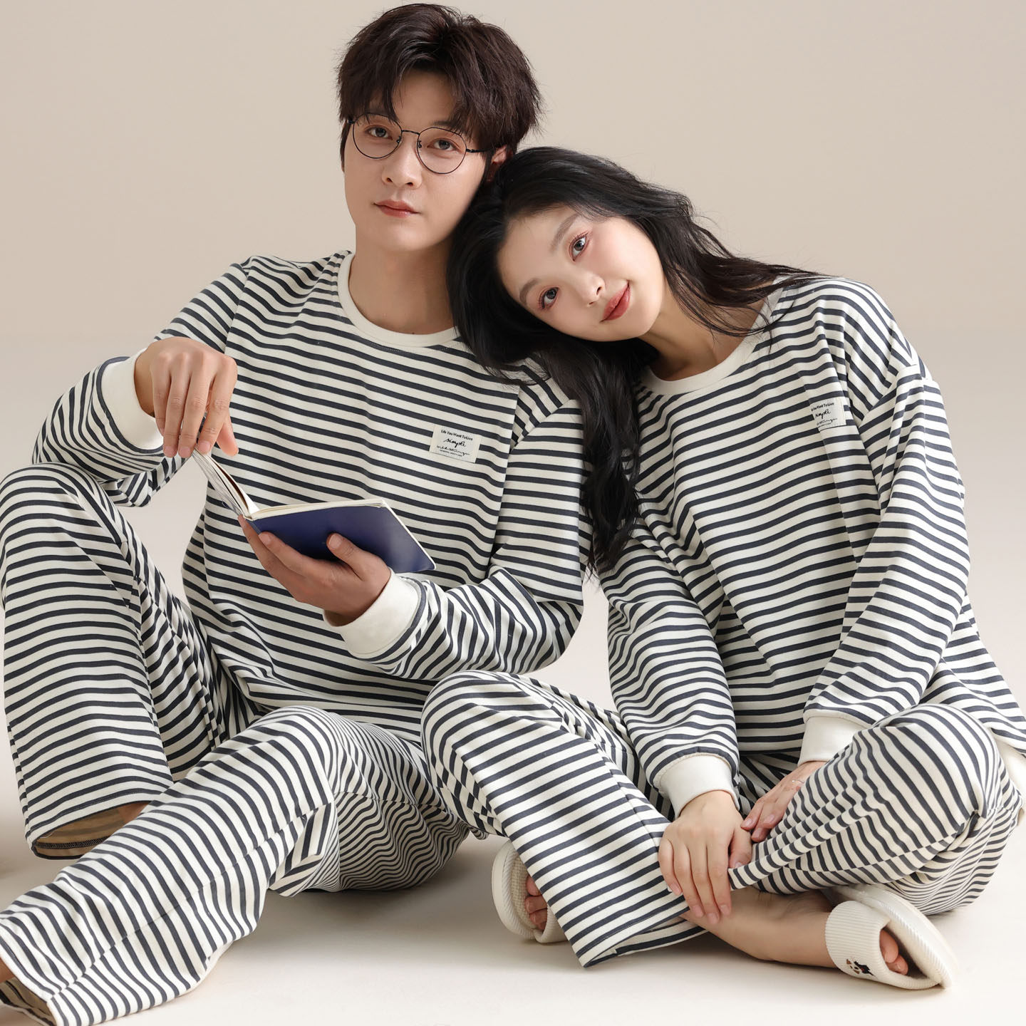 秋冬季男士德绒长袖睡衣套装加厚保暖家居服条纹运动可外穿青少年