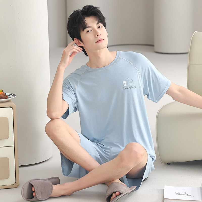 男士家居服夏季莫代尔韩版冰丝加肥加大码短袖套装薄款睡衣套装
