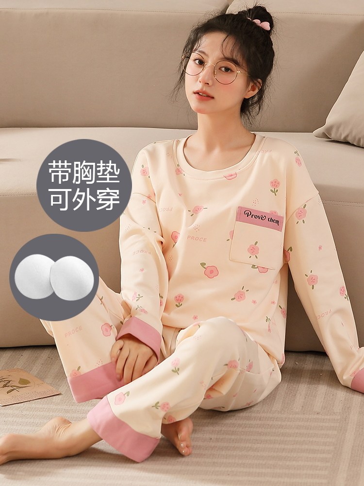 PAJAMAS WOMENS SPRING AND AUTUMN COTTON PLUS SIZE STUDENTS BRING THEIR OWN CHEST PADS INTEGRATED LONG-SLEEVED SUITS KOREAN SUMMER AND WINTER STYLE HOME CLOTHES