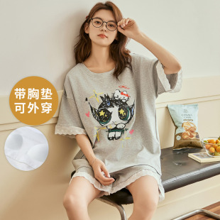 可外穿薄款 夏季 100纯棉家居服全棉女士卡通大码 短袖 休闲 睡衣套装