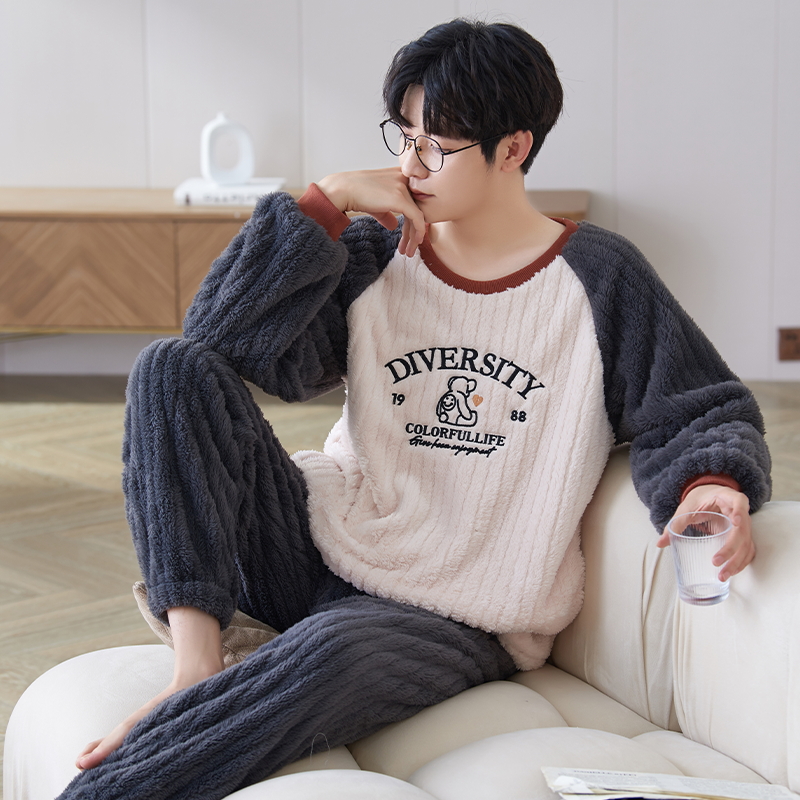 珊瑚绒睡衣套装男士加绒加厚保暖