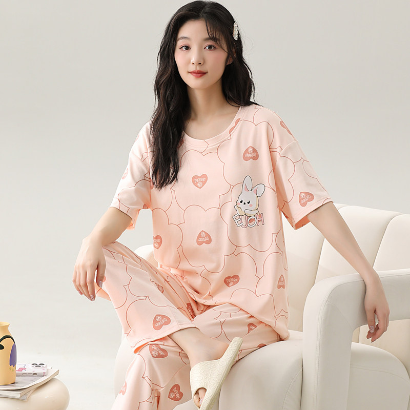 夏季短袖睡衣套装长裤大码家居服薄款女士学生休闲运动可外穿运动