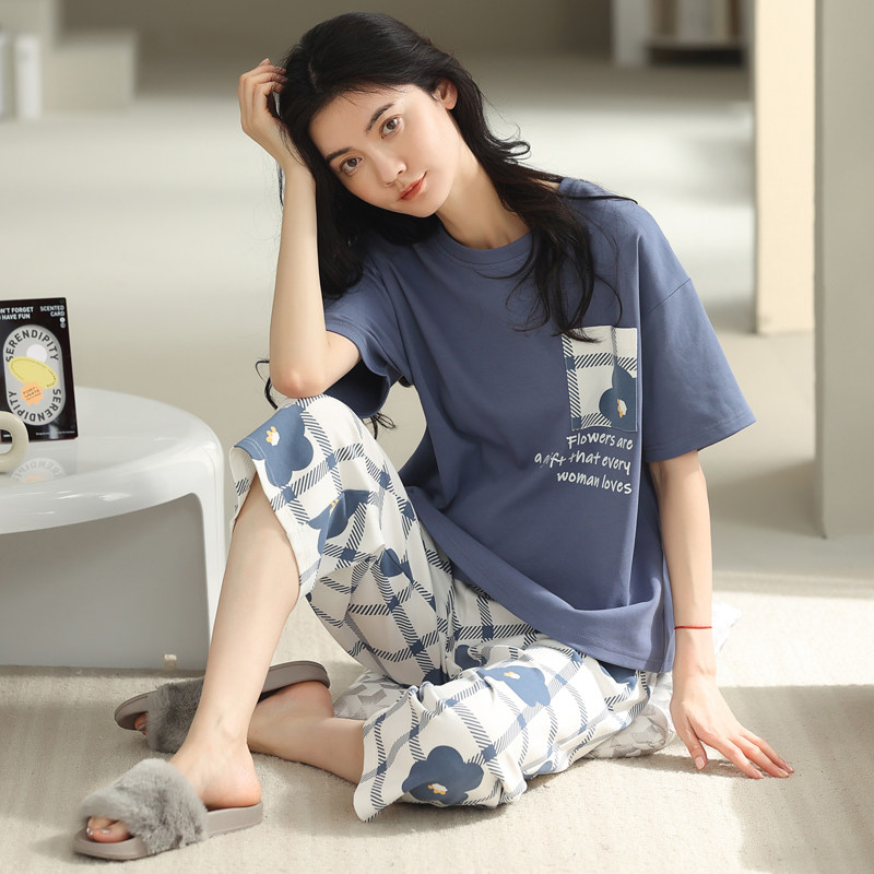 女士睡衣夏季纯棉短袖七分裤套装